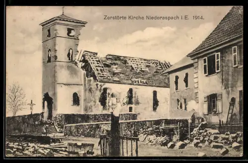 AK Niederaspach, Église détruite en 1914