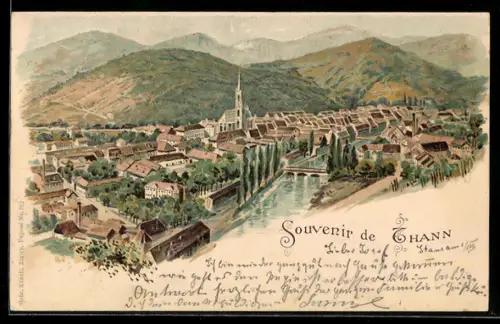 Lithographie Thann, Vue panoramique de la ville avec rivière et collines environnantes