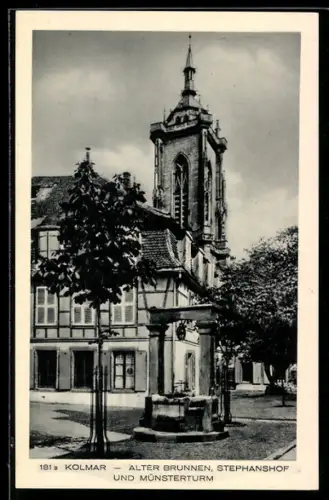 AK Colmar, Ancienne fontaine, cour de l`église et clocher du munster