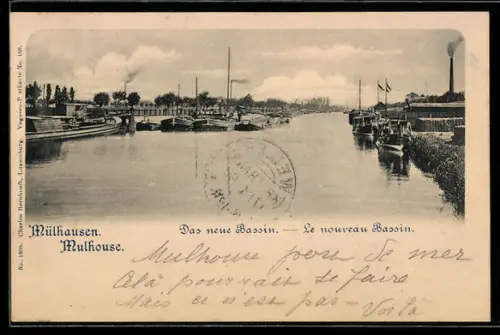 AK Mulhouse, Le nouveau Bassin avec bateaux et cheminées fumantes