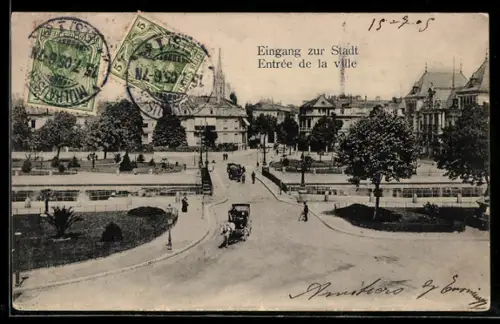 AK Mülhausen, Entrée de la ville avec calèches et jardins au premier plan