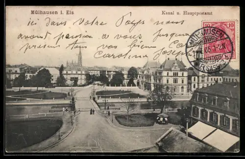 AK Mülhausen i. Els., Kanal u. Hauptpostamt