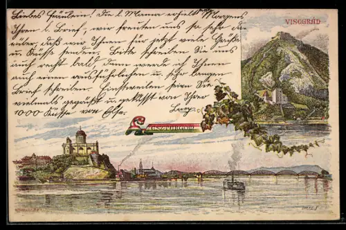 Lithographie Visegrád, Panorama mit Dampfer und Brücke