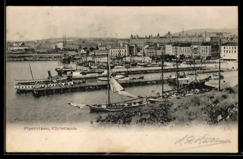 AK Oslo, Piperviken, Hafenansicht mit Dampfern und Segelschiffen