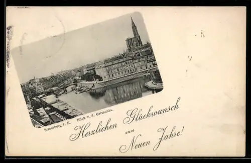 AK Strassburg i. E., Blick von der Germania mit Kirche, Neujahrsgruss