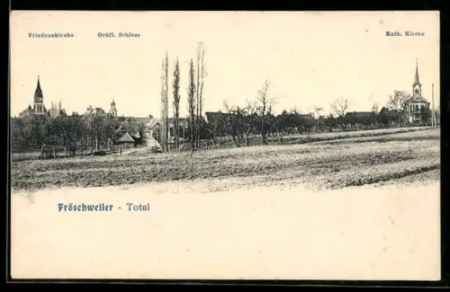 AK Fröschweiler, Totalansicht mit Friedenskirche, Gräfl. Schloss und Kath. Kirche