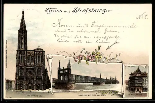 Lithographie Strassburg, Münster, Eisenbahnbrücke bei Kehl, Altes Haus am Münsterplatz