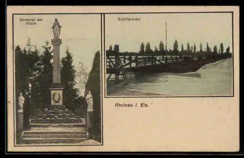 AK Rheinau i. Els., Denkmal am Rhein, Schiffbrücke
