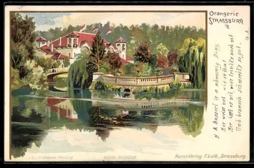 Lithographie Strassburg i. E., Uferpartie mit Hotel