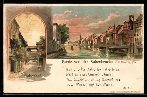 Lithographie Strassburg i./Els., Rabenhof, Partie von der Rabenbrücke aus