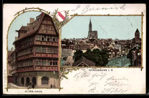 AK Strassburg i. E., Altes Haus, Teilansicht mit Kirche