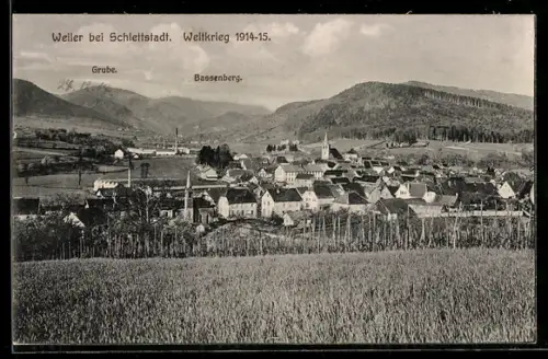 AK Weiler bei Schlettstadt, Teilansicht mit Grube und Bassenberg, Weltkrieg 1914-15