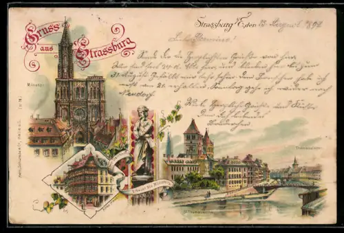 Lithographie Strassburg, Münster, Erwin Steinbach Erbauer des Münsters, Altes Haus