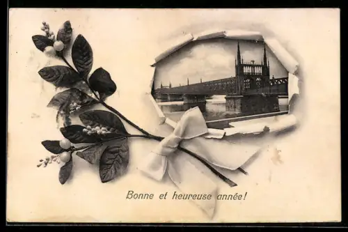 AK Strassburg i. E., Eisenbahnbrücke bei Kehl durch zerrissenes Papier, Zweig, Neujahrsgruss, Passepartout