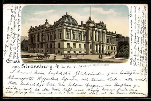 Lithographie Strassburg i. E., Bibliothek mit Strassenpartie