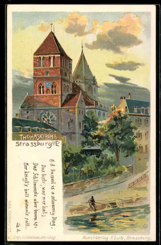 Lithographie Strassburg i. E., Thomaskirche mit Strassenpartie