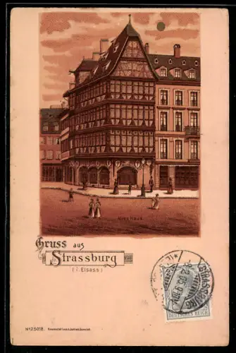 Lithographie Strassburg i. Elsass, Altes Haus mit Strassenpartie