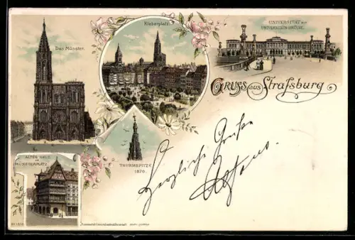 Lithographie Strassburg, Münster, Altes Haus am Münsterplatz, Turmspitze