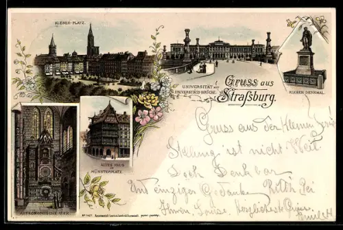 Lithographie Strassburg, Astronomische Uhr, Altes Haus, Kleber-Platz, Universität