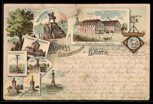 Lithographie Wörth, Mac-Mahon-Nussbaum, Kaiser Friedrich Denkmal, Französisches Armeedenkmal, Deutsches Armeedenkmal