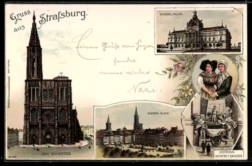 Lithographie Strassburg, Münster, Kaiser-Palais, Kleber-Platz