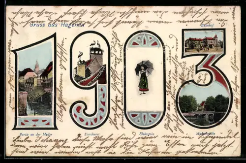 AK Hagenau, Jahreszahl 1903 mit Bahnhof, Storchennest und Elsässerin, Passepartout
