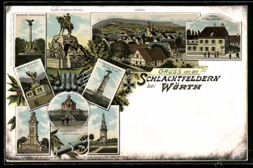 Lithographie Wörth, deutsche und französische Armeedenkmäler, Friedenskirche, Kaiser Friedrich Denkmal