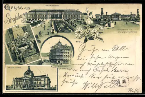 Lithographie Strassburg, Centralbahnhof, Kaiserliches Palais, Denkmal Moritz von Sachsen