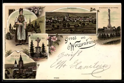 Lithographie Weissenburg, Armee-Denkmal auf dem Geisberg, Denkmal d. Königs-Grenadier-Regt., Peter u. Paul-Kirche