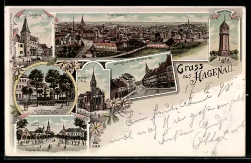 AK Hagenau, Landweg mit alter Hauptwache, Bibliothek, St. Georgs-Kirche, Wasserturm, Totalansicht