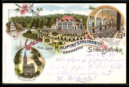 Lithographie Strasbourg, Hauptrestaurant Orangerie, Inh. J. Hornung, Blick zum Münster