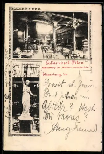 AK Strasbourg, Estaminet Pilon et statue intérieure