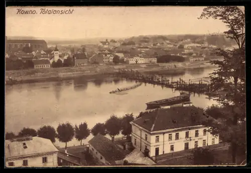 AK Kowno, Gesamtansicht mit abgebrannter Njemenbrücke