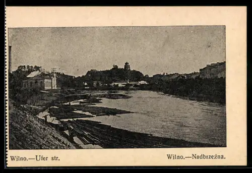 AK Wilno, Uferstrasse, Holzflössung, Panorama mit Turm, Fabrikschlot