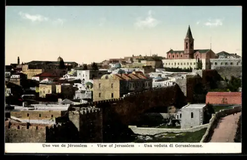 AK Jerusalem, Teilansicht mit Festungsmauer und Turmgebäude