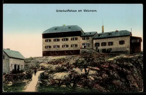 AK Unterkunftshaus am Watzmann, Berghütte vom Weg aus gesehen