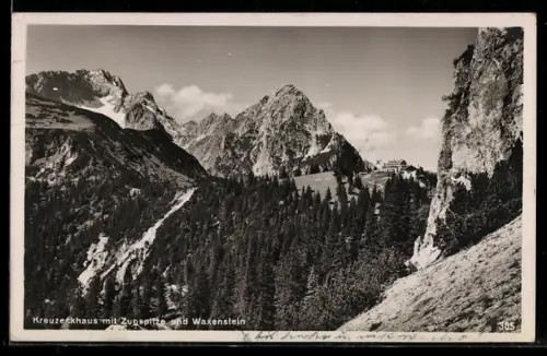 AK Kreuzeckhaus, Blick gegen Zugspitze und Waxenstein
