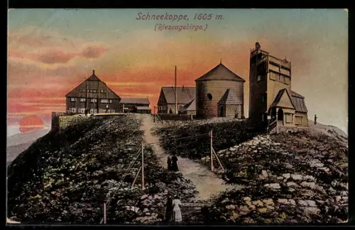 AK Schneekoppenhäuser, Partie auf dem Gipfel der Schneekoppe im Licht der Morgensonne