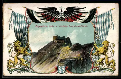 AK Zugspitze, Ansicht eingerahmt von Reichsflagge und bayerischen Flaggen