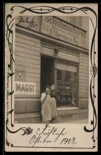 Foto-AK Dresden, Schuhmacherei B. F. Hermann May 1908, Reklameschild Maggi