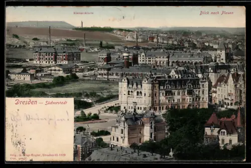 AK Dresden, Blick nach Plauen in der Südvorstadt, Bismarckturm