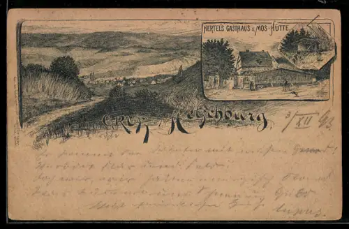 Vorläufer-Lithographie Hetschburg, 1893, Hertels Gasthaus und Mos-Hütte