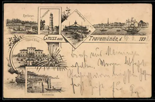 Vorläufer-Lithographie Travemünde, 1891, Strandpavillon, Strandhotel, Kurhaus, Leuchtturm