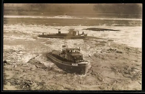 Foto-AK St. Goar /Loreley, Eissprengung 1929, Schiffe M204 und M205