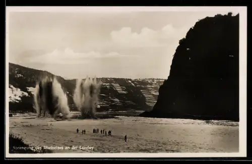Foto-AK St. Goar /Loreley, Sprengung des Rheineises 1929