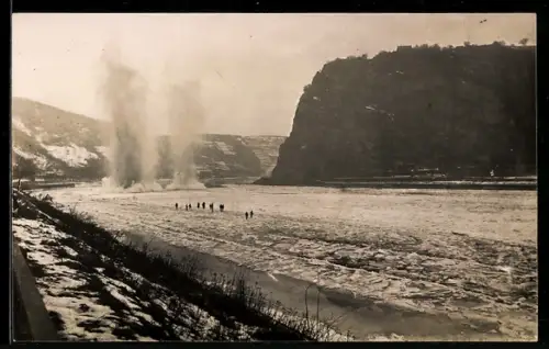 AK Loreley, Eissprenung, vereister Rhein im Winter 1929