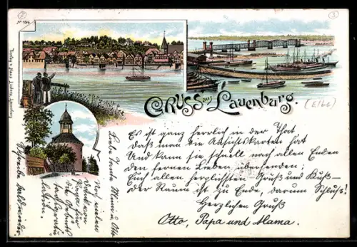 Lithographie Lauenburg, Hafenansicht mit Brücke, Kirche
