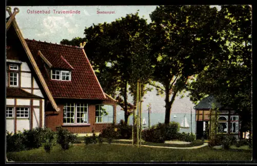 AK Travemünde, Gasthof Seetempel mit Blick aufs Meer