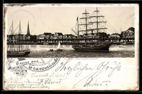 Lithographie Travemünde, Totalansicht mit Flusspartie und Schiffen