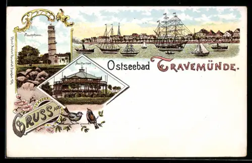 Lithographie Travemünde, Gasthof See-Pavillon, Leuchtturm